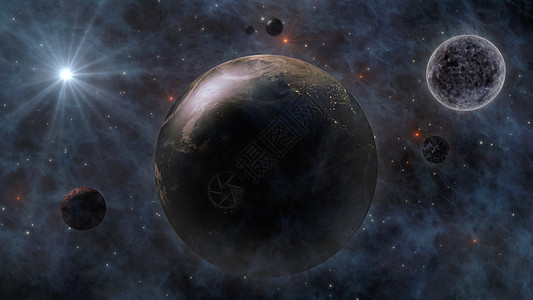 地球 太阳 月球和太空中的行星3DRenderin星际宇航员科学乳白色天空飞碟星云星星轨道摄影图片