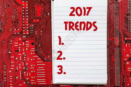 红色旧的肮脏计算机电路板和2017年趋势研究推介会引领者日程概念知名度投资潮流营销议程图片