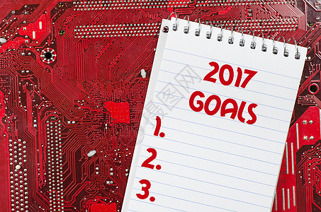 红色老旧肮脏的计算机电路板和2017年目标文本概念商业成就白色战略写作蓝色成功挑战希望动机图片