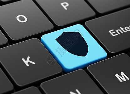计算机键盘背景上的保护概念屏蔽蓝色犯罪警报技术安全渲染隐私钥匙保卫攻击图片