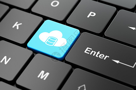 在计算机键盘背景上用云编程概念数据库渲染蓝色编码圆柱贮存网站钥匙脚本软件硬件图片