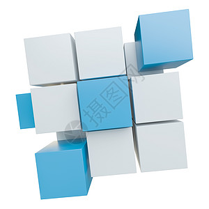 从块组装的抽象立方体蓝色正方形合作阴影盒子线条商业头脑建筑边缘图片