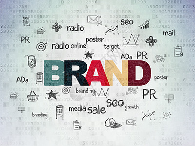 数字数据纸背景上的广告概念品牌社会电脑草图市场晋升白色技术公关营销产品图片