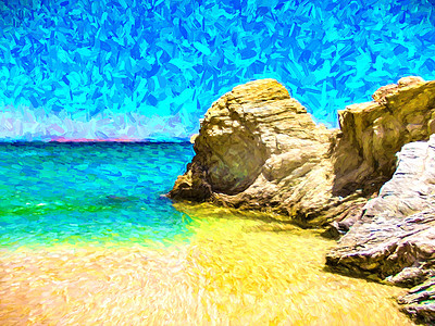 与岩石的海滩风景 水流过海滩岩石 热带岛屿插图 夏季旅游卡天空艺术蓝色海景情调异国生活假期海岸艺术品图片