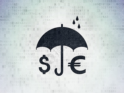 数字数据纸背景上的安全概念钱和雨伞保卫金融阳伞绘画技术电脑代码攻击隐私投资图片