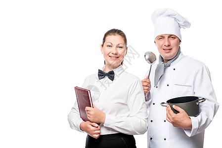 穿着白色白背景制服的成功厨师和女服务员图片