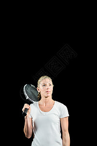 女网球运动员玩拍拍打游戏姿势力量运动服背景女性播放器球拍女士竞技黑色图片