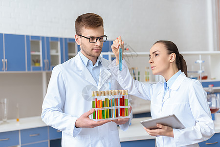 白外套专业化学专业人员在实验室用试剂检查试验管和试剂图片
