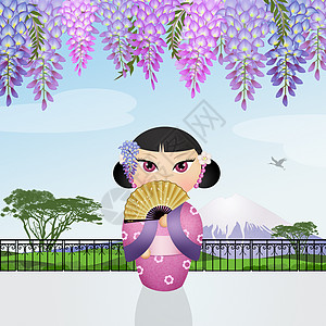 日本的艺伎芥子娃娃艺妓花朵和服艺术扇子玩具创造力文化图片
