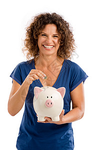 省点钱母亲经济女性卷曲情感储蓄金融小猪快乐白色图片