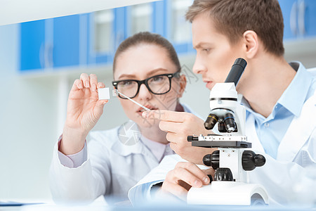 在实验室中用玻璃显微镜幻灯片工作的 精力集中的年轻化学家图片