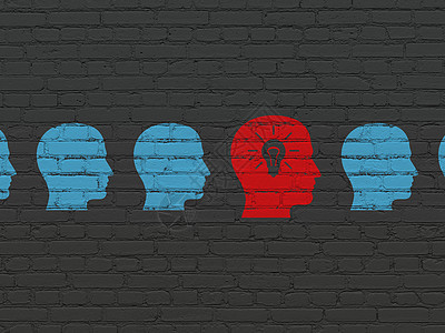商业概念头与背景墙上的灯泡图标战略营销蓝色金融头脑成功风暴伙伴项目交易图片