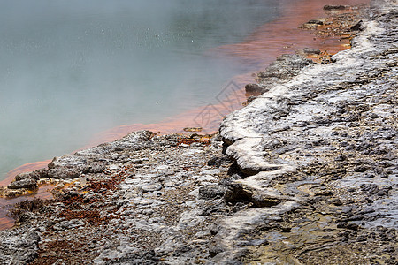 新西兰罗托鲁阿州保留地香槟池森林沸腾地质学地热蓝色风景陨石火山全景矿物图片