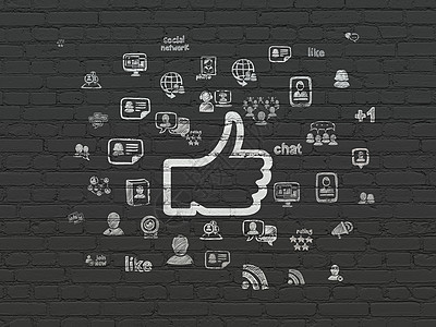社交媒体概念在背景墙上竖起大拇指扇子按钮社区黑色手指拇指绘画速度博客互联网图片