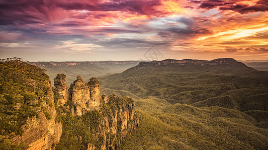 蓝山姐妹会 澳大利亚青山冒险荒野姐妹国家岩石日落卡通巴公园风景山脉图片