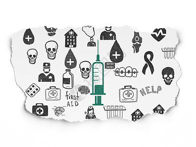 撕纸背景上的医学概念注射器报纸保健涂鸦药品医院注射卫生制药疫苗绘画图片
