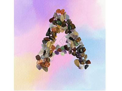 字母 A 由水彩背景上的彩色宝石制成图片