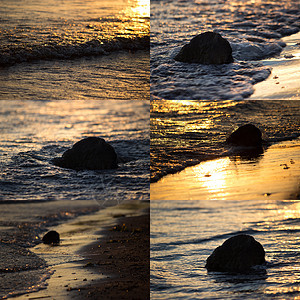 海滩上的摇滚海景日落石头天气阳光旅行巨石太阳支撑季节图片