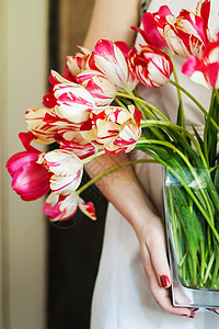 女人拿着花瓶 盛着一束新鲜粉红郁金香的鲜花束女士玻璃电影女性花瓣展示生活礼物美甲植物图片
