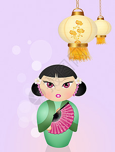 灯笼插画Kokeshi娃娃和中国灯笼快乐创造力艺术新年扇子和服文化纪念品艺妓女士背景
