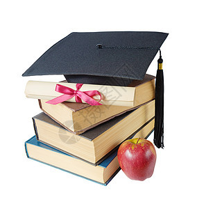 研究生帽子 书籍 苹果和卷轴细绳智慧学生证书丝带学习精加工文凭图书校友图片