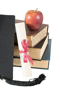 研究生帽子 书籍 苹果和卷轴流苏学校精加工知识文凭证书蓝色滚动智力水果图片