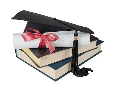 研究生帽子 书籍和卷轴金子流苏校友教育细绳成功证书文凭知识丝带图片