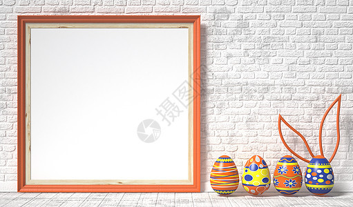 复活节鸡蛋涂漆和空白图片框 复活节概念 3D节日摄影庆典海报假期传统团体框架木板耳朵图片
