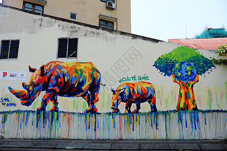 用涂鸦艺术 犀牛画作的Rhino灭绝行动壁画犀牛角动物牛角背景绘画工艺宣传图片