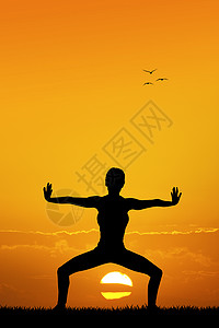 日落时的瑜伽姿势冥想插图女性闲暇身体训练运动平衡纪律太极图片
