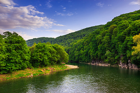 秋山林附近岩岸沿河流流流而来旅行叶子蓝色风景溪流海岸石头海滩反射光束图片