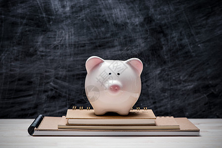 教育财政储蓄 粉红小猪银行 在书籍和木板帽子银行投资小猪学费学校学生大学银行业图片