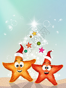 圣诞节时的海星明信片卡通片海洋插图家庭快乐问候语庆典图片
