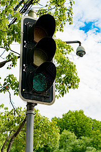 杆上的红绿灯与树和蓝光控制危险速度安全街道红色绿色信号插图黄色图片
