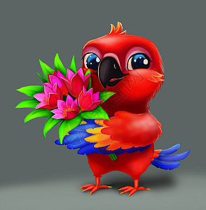 可爱辣椒鹦鹉展示爱的鲜花 - 快乐卡通字符图片