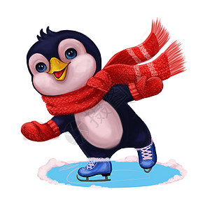 企鹅手绘圣诞快乐和新年快乐 与企鹅冰滑冰的季节问候背景