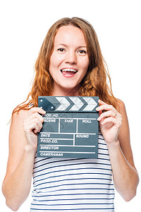 一个女孩的肖像 与电影拍掌 在白色背景图片