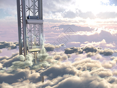 天云背景概念构成 3d 演示文的空空天空电梯概念图示城市太阳世界地面材料酒店建造办公室缆车车轮图片