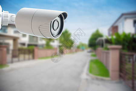 闭闭路电视安保摄像头 保护你家不受盗贼的侵袭监视间谍记录监视器技术蓝色手表隐私天空房子图片