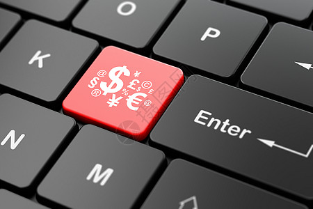 计算机键盘背景上的营销概念财务符号战略货币推广成功金融品牌产品广告3d电脑图片