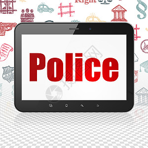 法律概念平板电脑与警察在 displa刑事犯罪渲染3d技术防御保险财产绘画草图图片