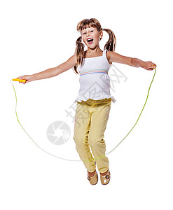 孤立的女童跳跃白色乐趣玩具蕾丝幸福身体跳绳活力孩子行动图片