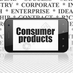 商业概念智能手机与消费品上显示交易细胞工具战略团队正方形产品展示伙伴消费者图片