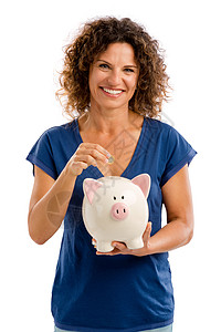 省点钱微笑金融小猪成功女性蓝色商业母亲情感卷曲图片