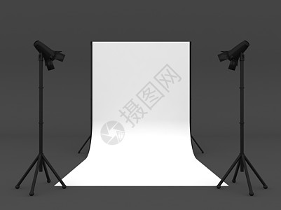 照片工作室与白屏幕 一个孤立的灰色背景 3色度房间工具屏幕投影技术输卵管闪光聚光灯相机图片
