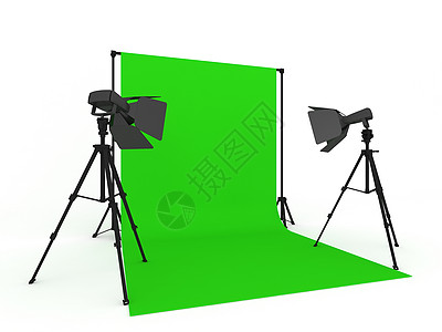 照片工作室与绿屏 一个孤立的白色背景 3D投影相机聚光灯镁光灯屏幕电气工具手电筒灯泡技术输卵管图片