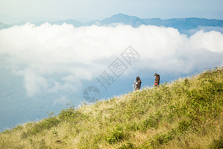 观光客在山丘的草地上行走自由脆弱性晴天假期闲暇花朵活动游客潮人野花图片