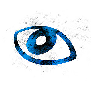 蓝色的眼睛安全概念 对数字背景的观察数据裂缝蓝色密码展示网络别针屏幕犯罪眼球背景