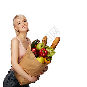 拥有杂货购物袋的妇女微笑零售食物杂货店女孩营养饮食面包白色顾客图片