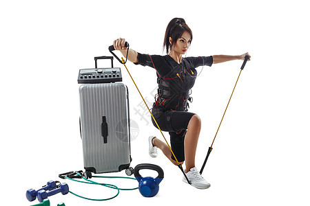 女性在环管系统西装中与扩张器一起锻炼健美女士训练肌肉电缆运动装运动电气车站反抗图片